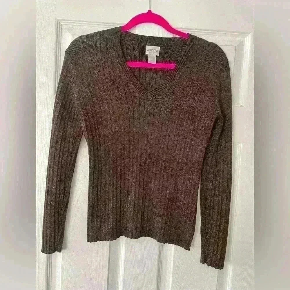 CHICOS Chocolate Copper Sparkly V- Neck Sweater - A73